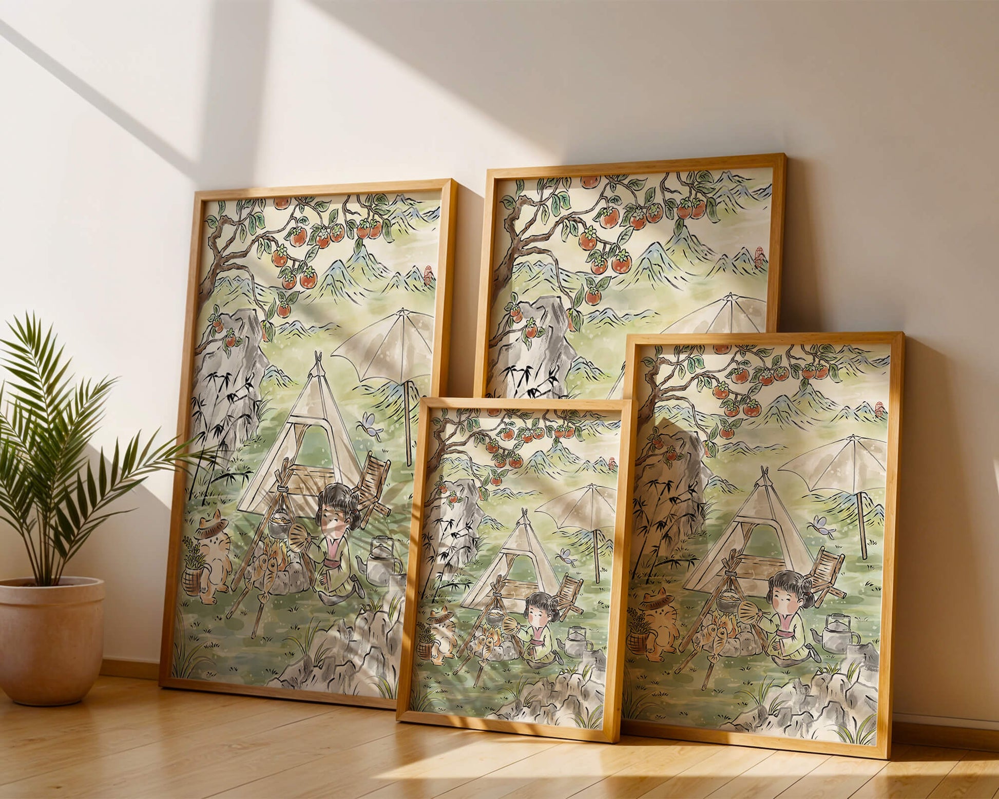 Escena encantadora de camping con un niño y un gato bajo un árbol de caqui