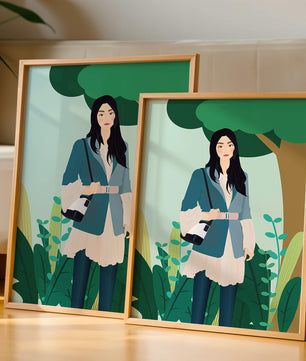 Illustrative portrait of a woman in a stylish outfit with nature backdrop