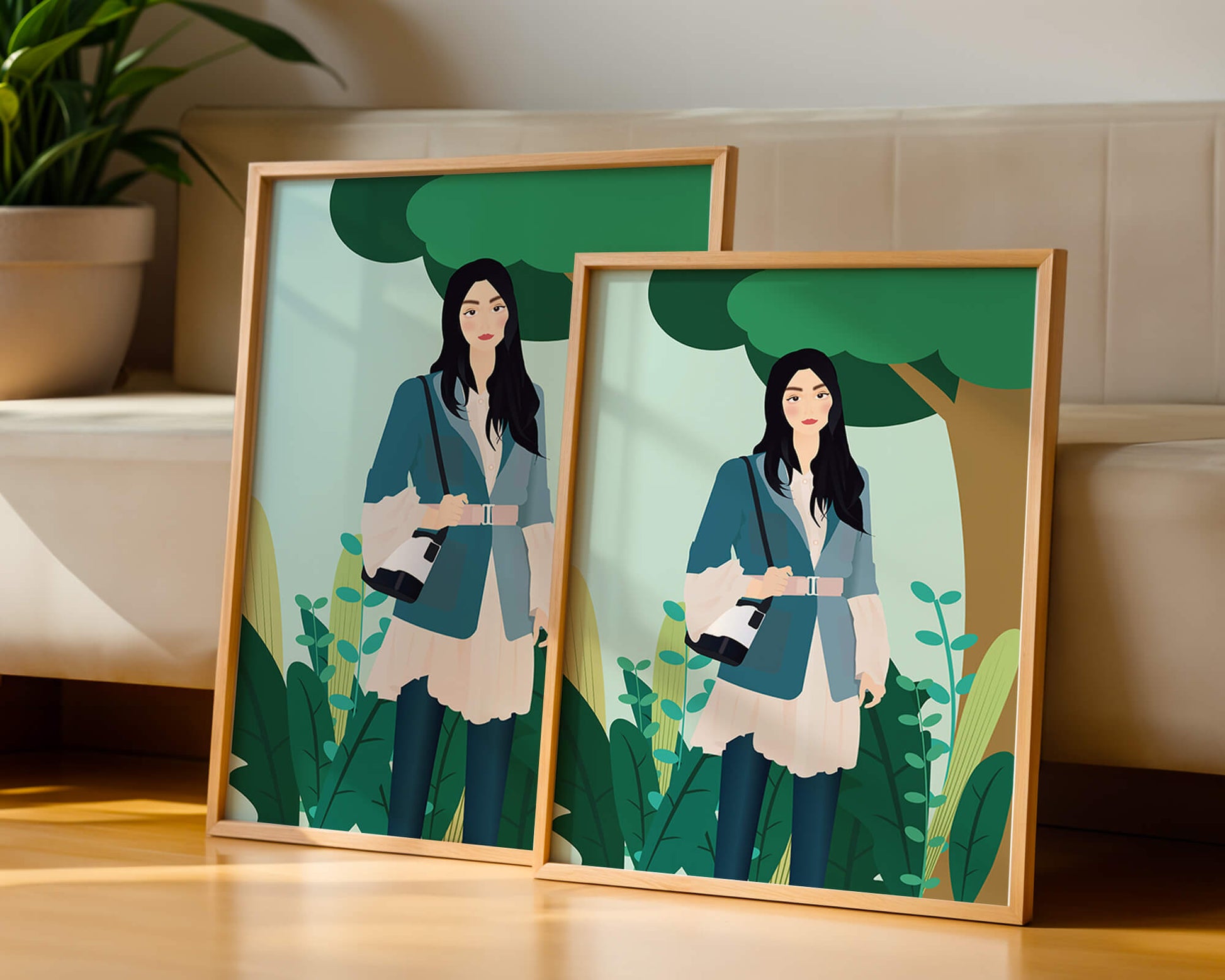 Illustrative portrait of a woman in a stylish outfit with nature backdrop