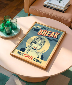 Retro Coffee Break Poster with Woman Holding a Cup - Mi tienda