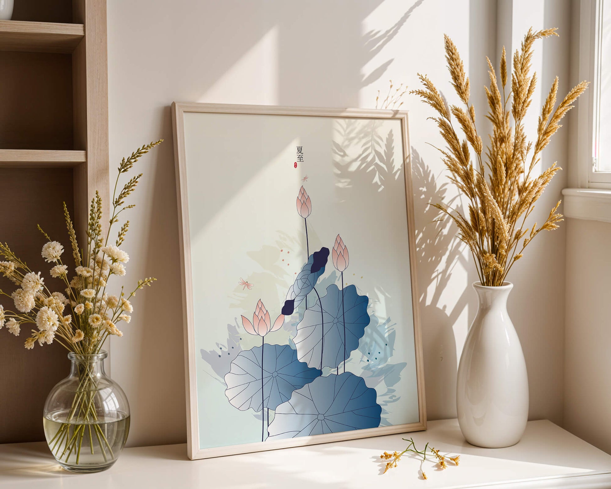 Lotus flower and dragonflies in elegant pastel illustration