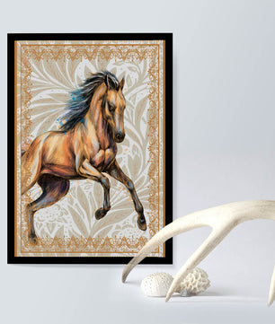 Elegant horse illustration with ornate golden frame