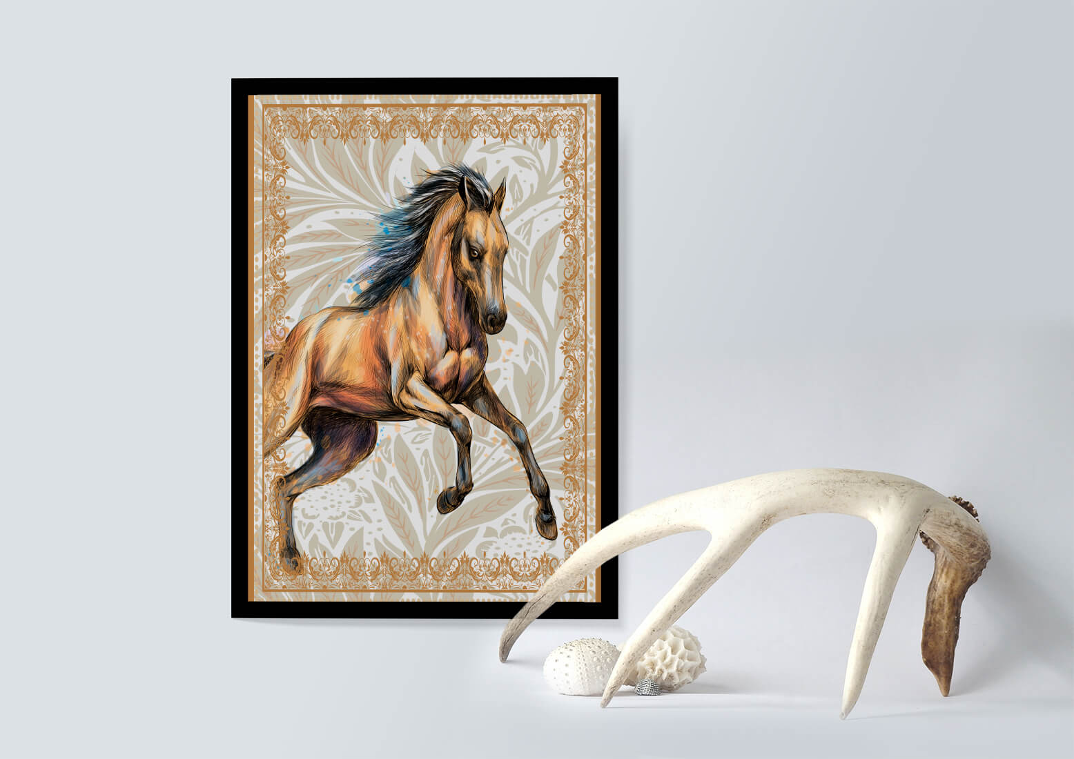 Elegant horse illustration with ornate golden frame
