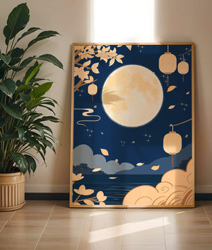 Full Moon Night with Lanterns and Falling Leaves in Tranquil Landscape