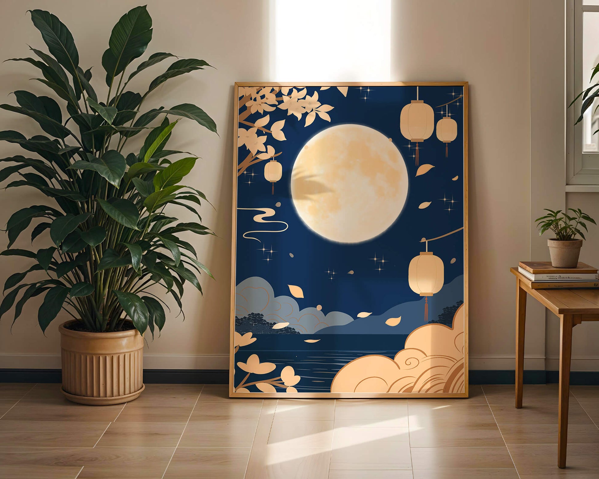 Full Moon Night with Lanterns and Falling Leaves in Tranquil Landscape