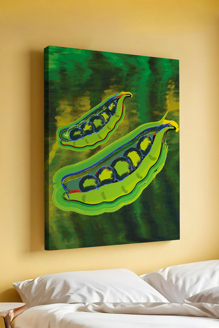 Ilustración abstracta de guisantes verdes coloridos con fondo vibrante