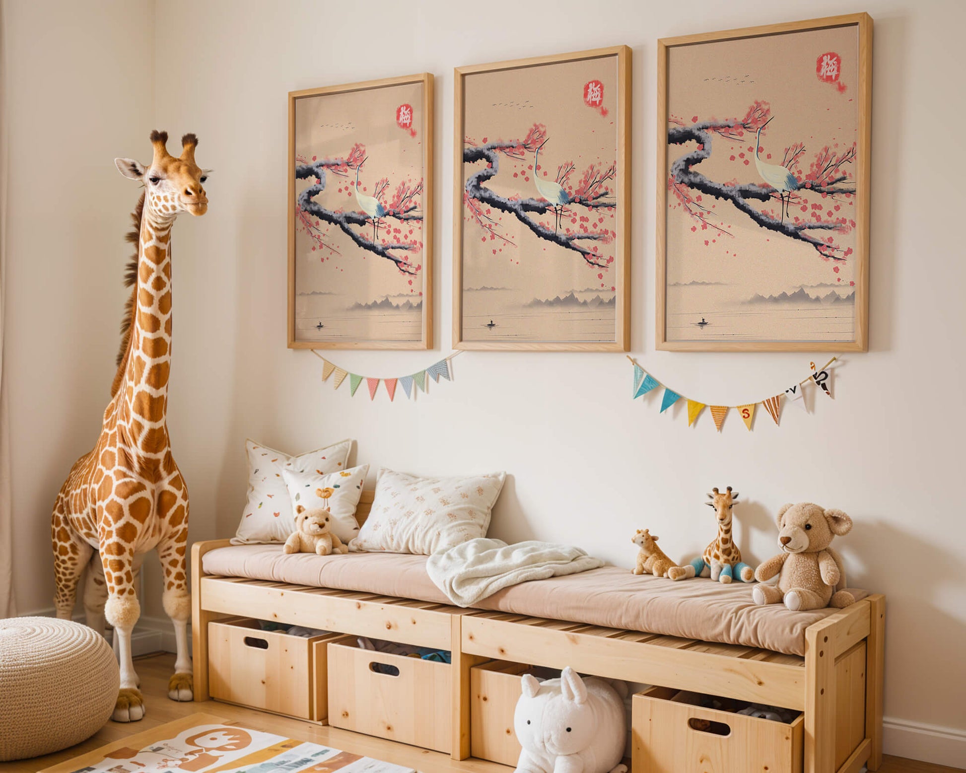 Elegant crane on cherry blossom branch with serene landscape