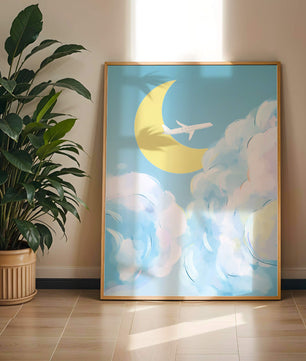 Ilustración de cielo panorámico con avión y luna creciente