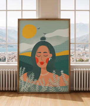 Portrait féminin abstrait et serein avec des éléments de nature