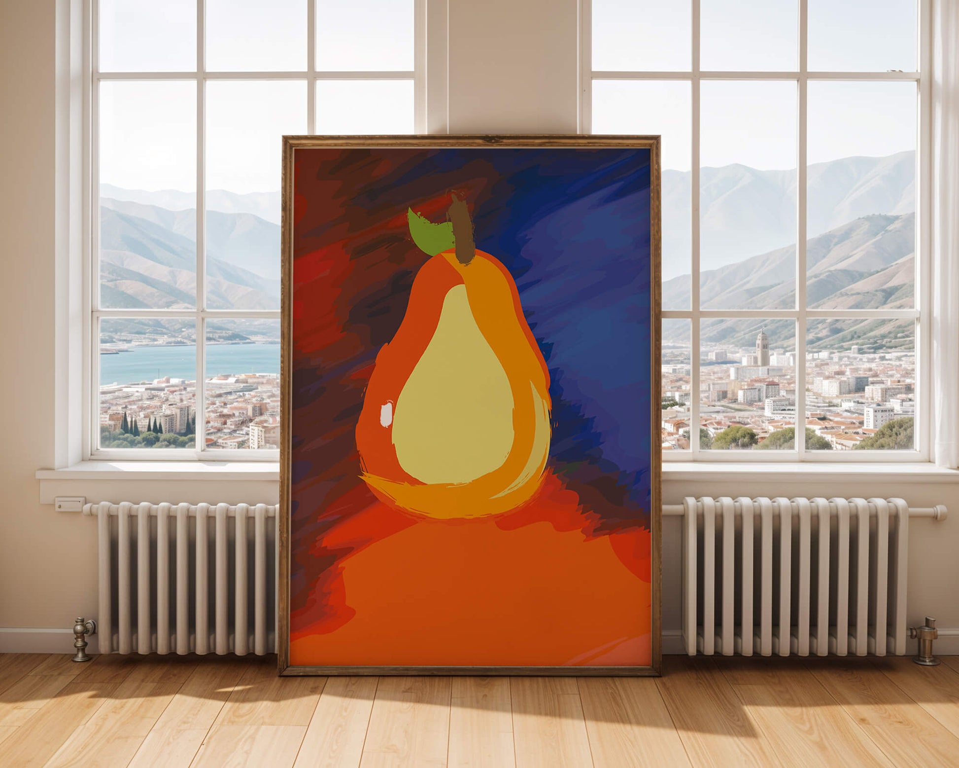 Pintura abstracta de una pera colorida sobre un fondo vibrante.