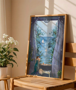 Peaceful Seaside View Through Open Window with Girl and Cat