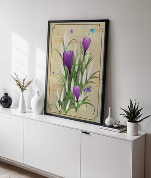 Elegant Crocus Flowers with Butterflies in a Delicate Frame