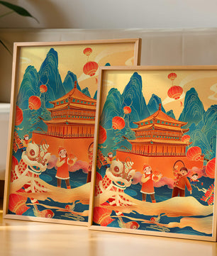 Traditionelles chinesisches Fest mit Laternen und Löwentanz