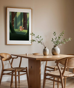Charmante Illustration eines niedlichen Fuchses in einer ruhigen Waldlandschaft