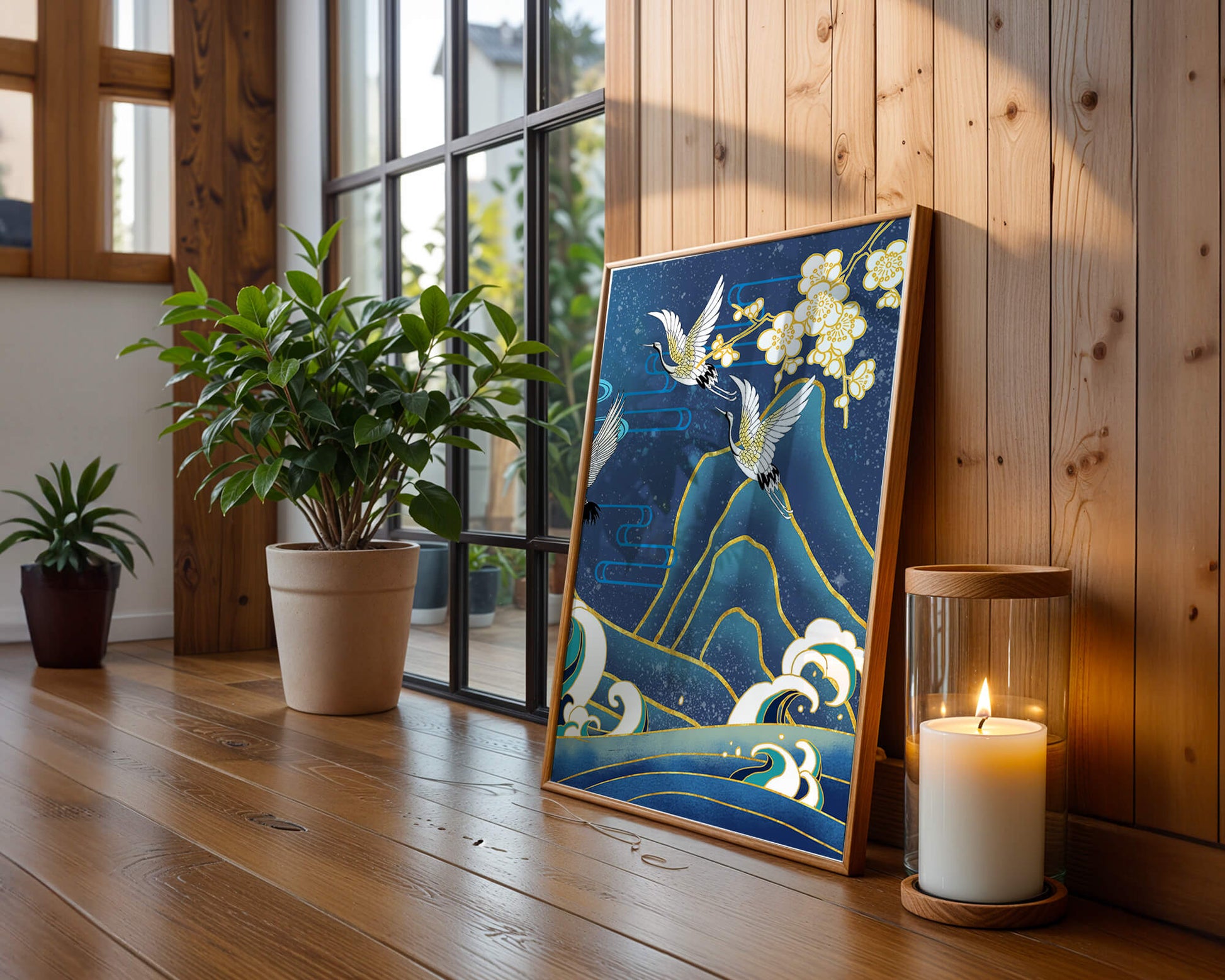 Elegant Cranes in Flight over Ocean Waves with Golden Accents and Blossoms