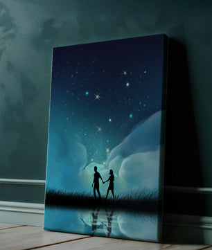 Pareja romántica paseando bajo la noche estrellada con reflejos celestiales