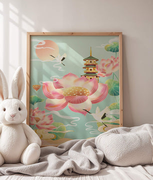 Paysage serein avec des fleurs de lotus et une pagode traditionnelle