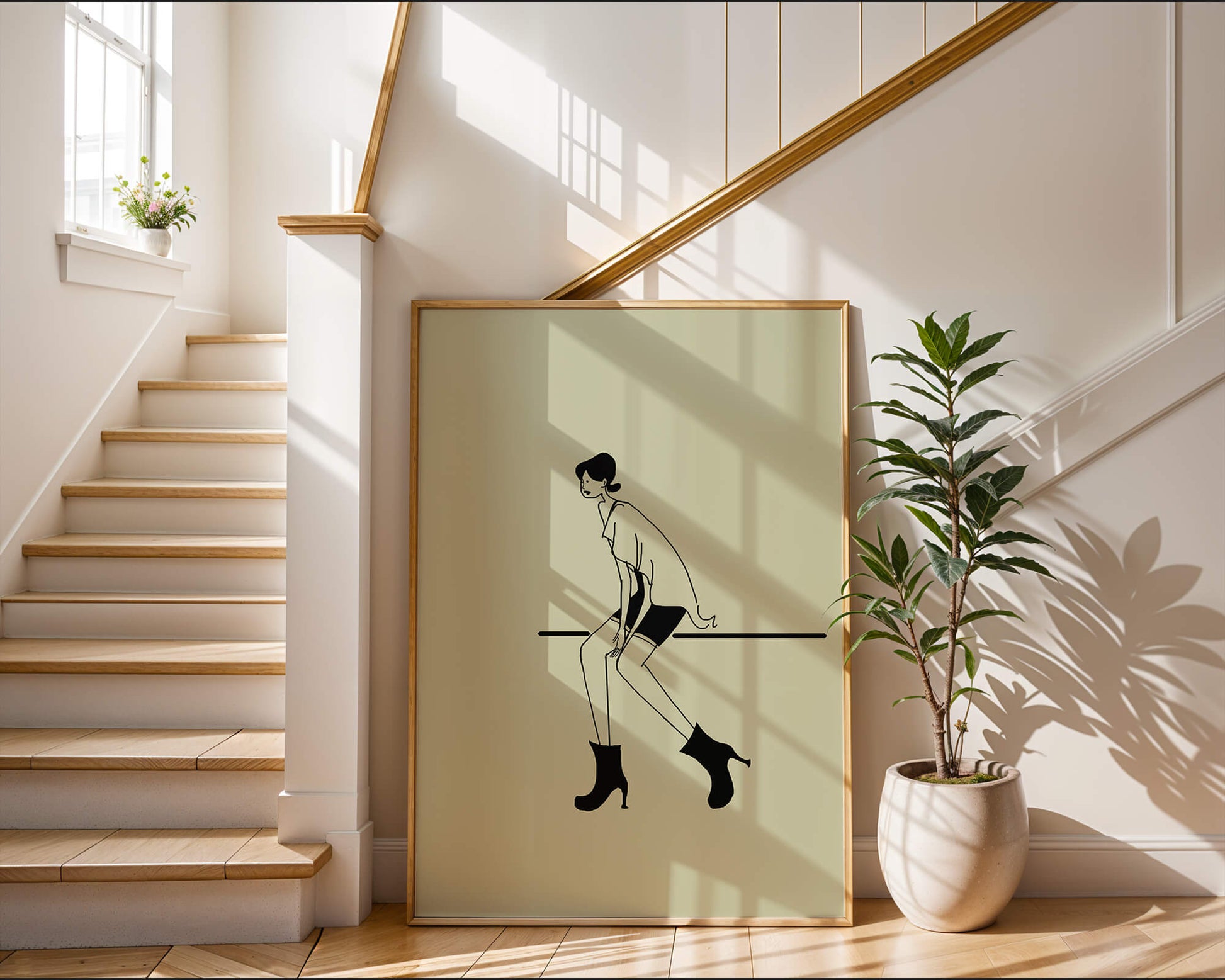 Schicke minimalistische Illustration einer sitzenden Frau in stylischen Stiefeln