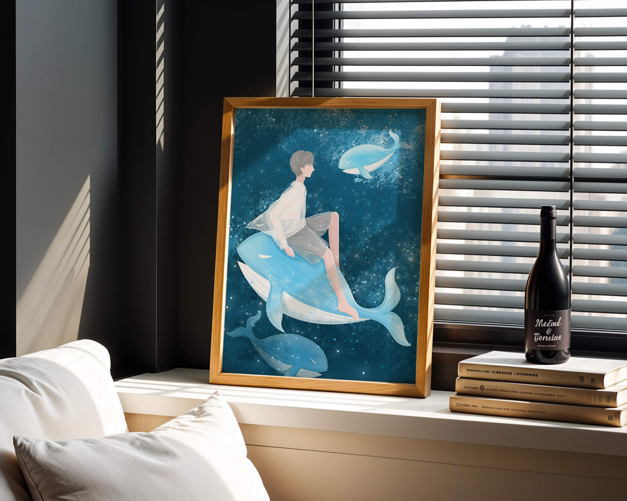 Fantasy illustration of person on blue whale in underwater scene
