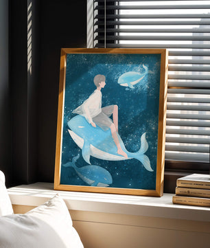 Illustration fantastique d'une personne sur une baleine bleue dans une scène sous-marine