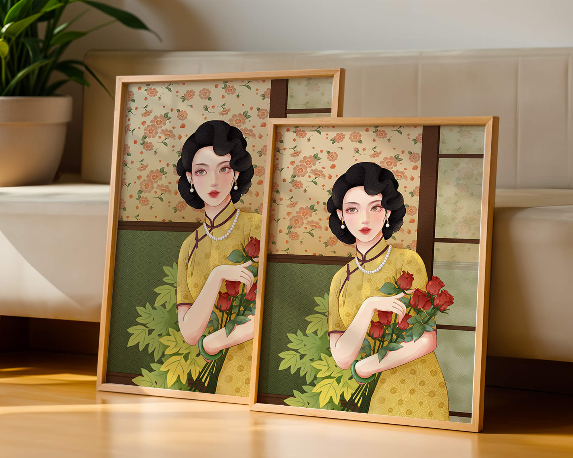 Elegant woman with floral backdrop holding a bouquet