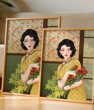 Mujer elegante con fondo floral sosteniendo un ramo