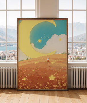 Paisaje nocturno onírico con luna y estrellas en un campo