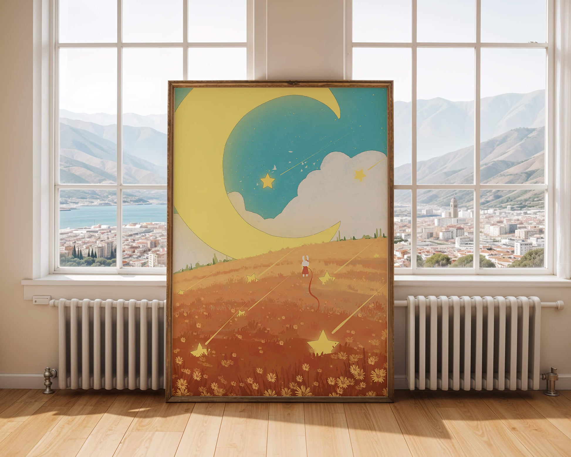 Dreamy Nighttime Landscape with Moon and Stars in a Field