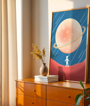 Illustration Of A Large Planet Against A Stardust Background With A Small Figure In The Foreground