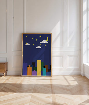 Night cityscape with colorful buildings and starry sky