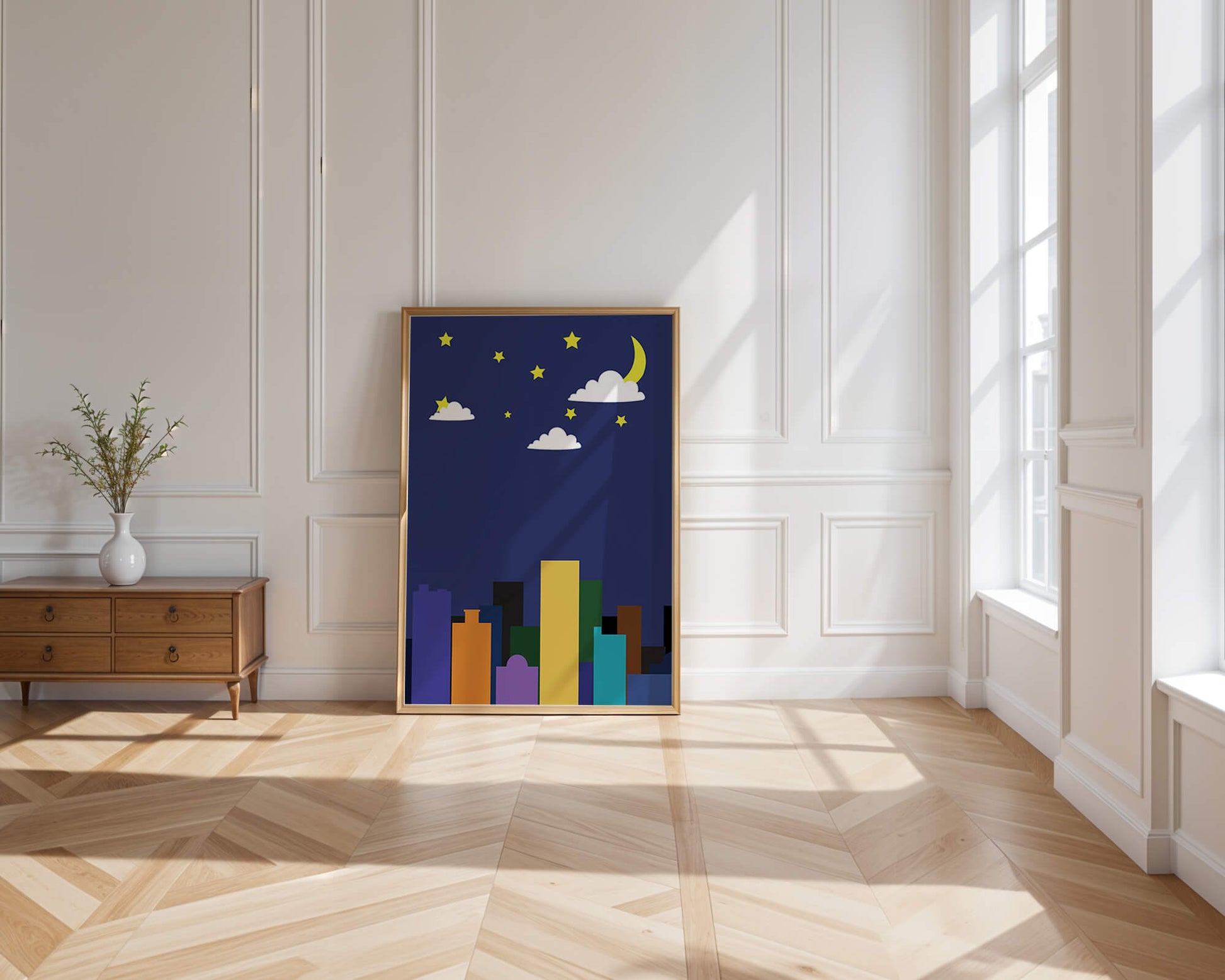 Night cityscape with colorful buildings and starry sky