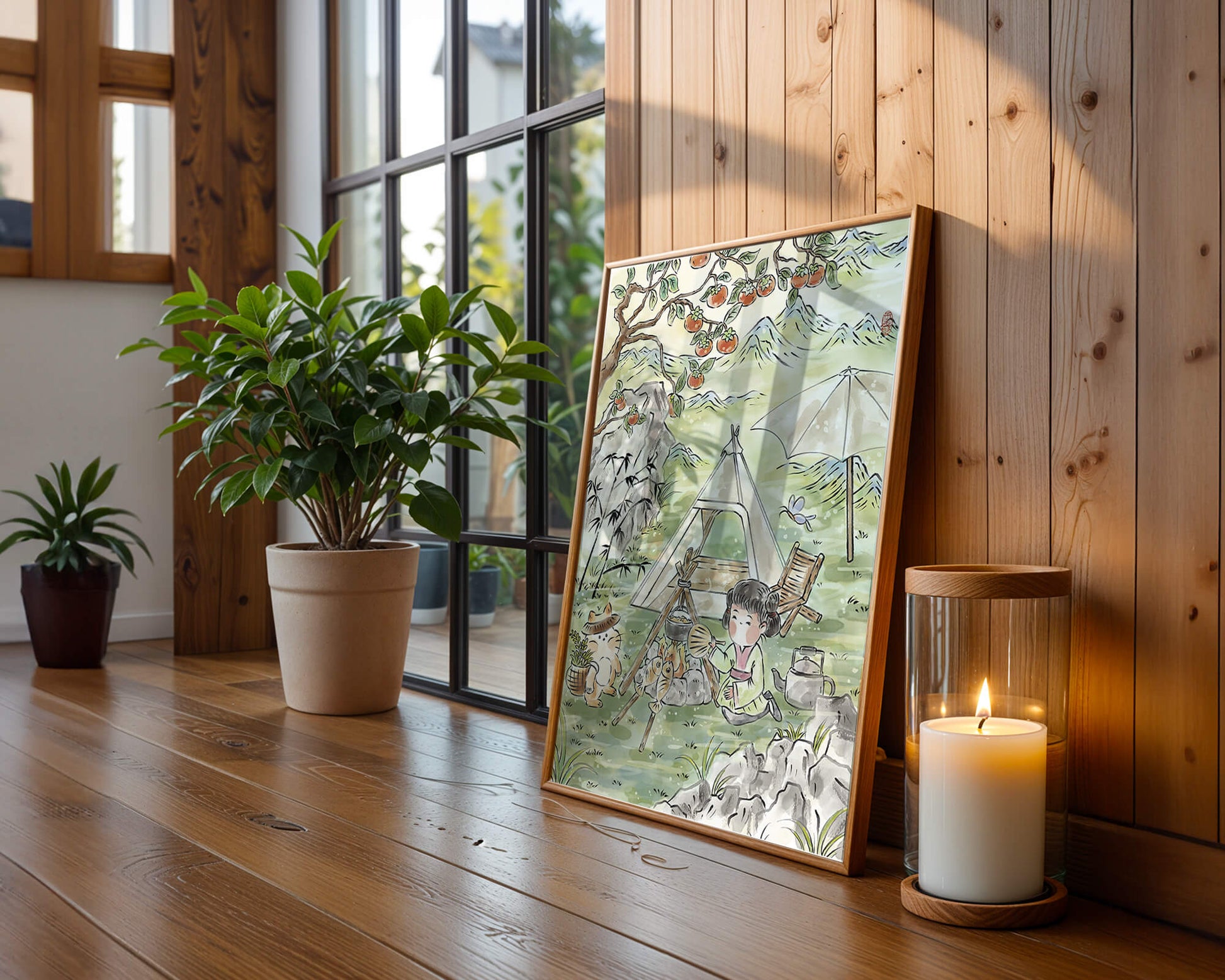 Escena encantadora de camping con un niño y un gato bajo un árbol de caqui