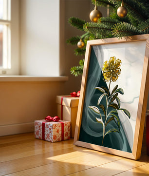 Abstract floral design featuring a golden flower with textured leaves