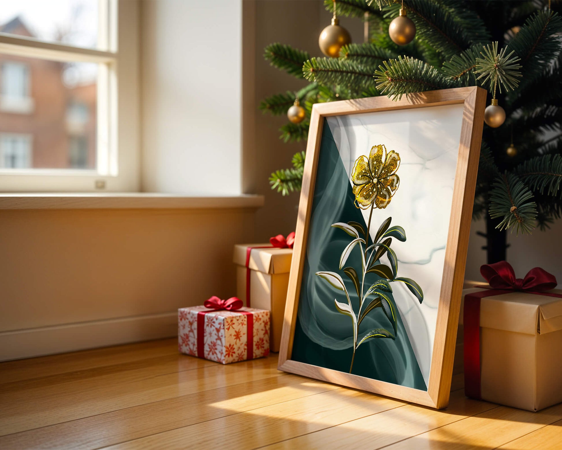 Abstract floral design featuring a golden flower with textured leaves