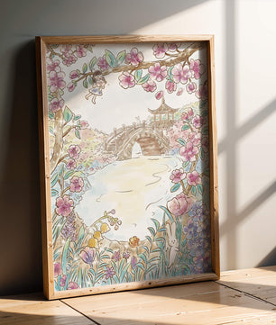 Serene Spring Landscape with Blossoming Cherry Trees and Bridge