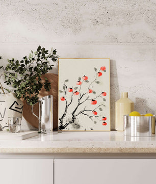Elegant botanical illustration with vibrant red fruit on branches