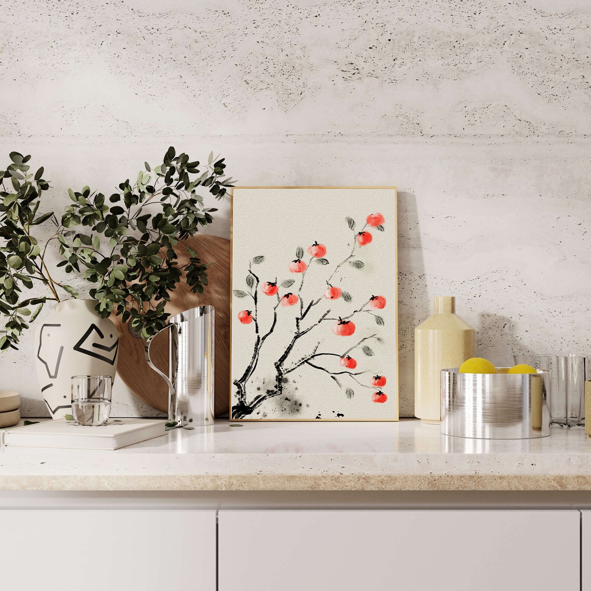 Elegant botanical illustration with vibrant red fruit on branches