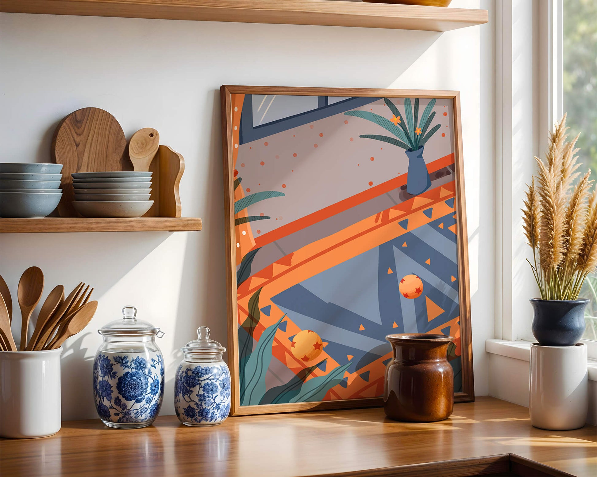 Interior abstracto moderno con patrones geométricos y planta