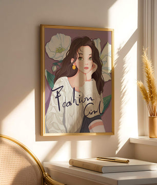 Illustrated fashion girl with floral background and purple theme