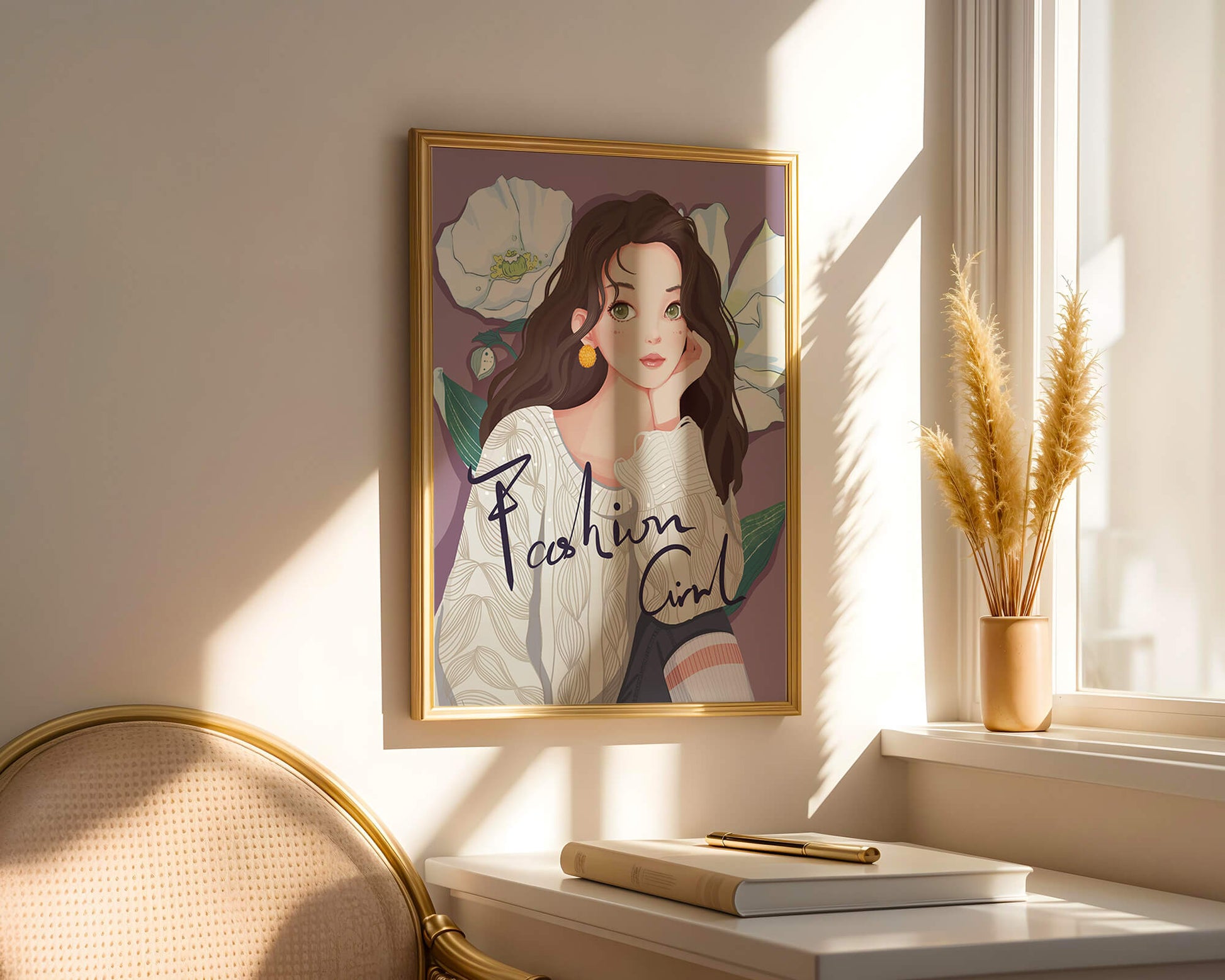 Illustrated fashion girl with floral background and purple theme