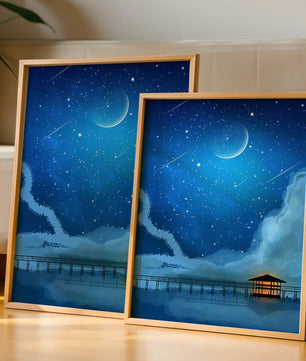 Serene Night Sky with Crescent Moon, Stars, and Pier Over Water
