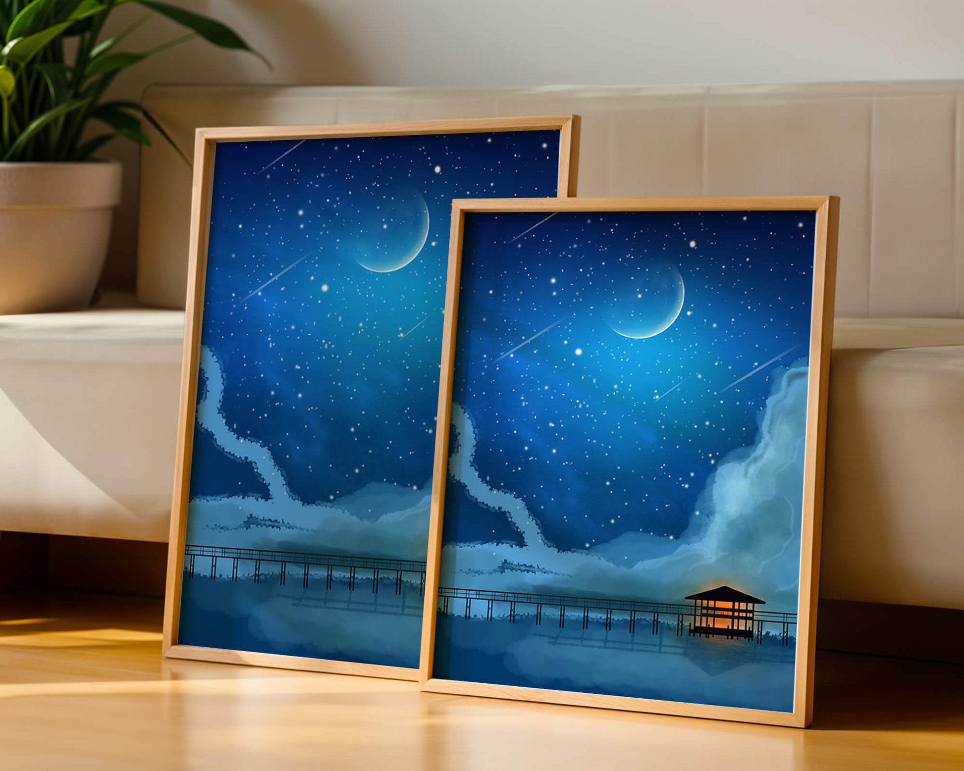 Serene Night Sky with Crescent Moon, Stars, and Pier Over Water