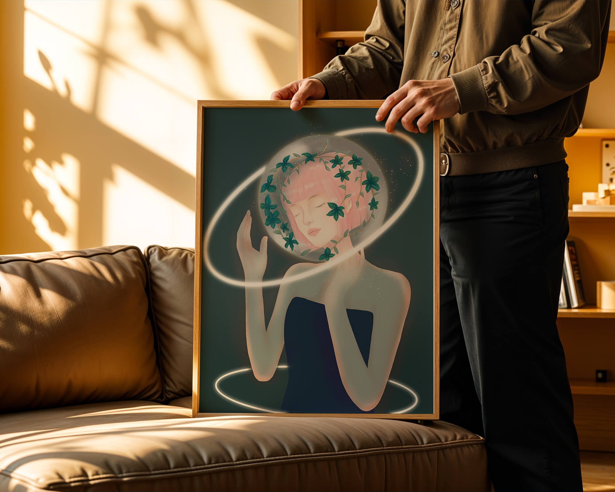 Dreamlike fantasy portrait with ethereal pink-haired figure