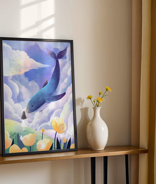 Paisaje surrealista con una ballena gigante y elementos caprichosos