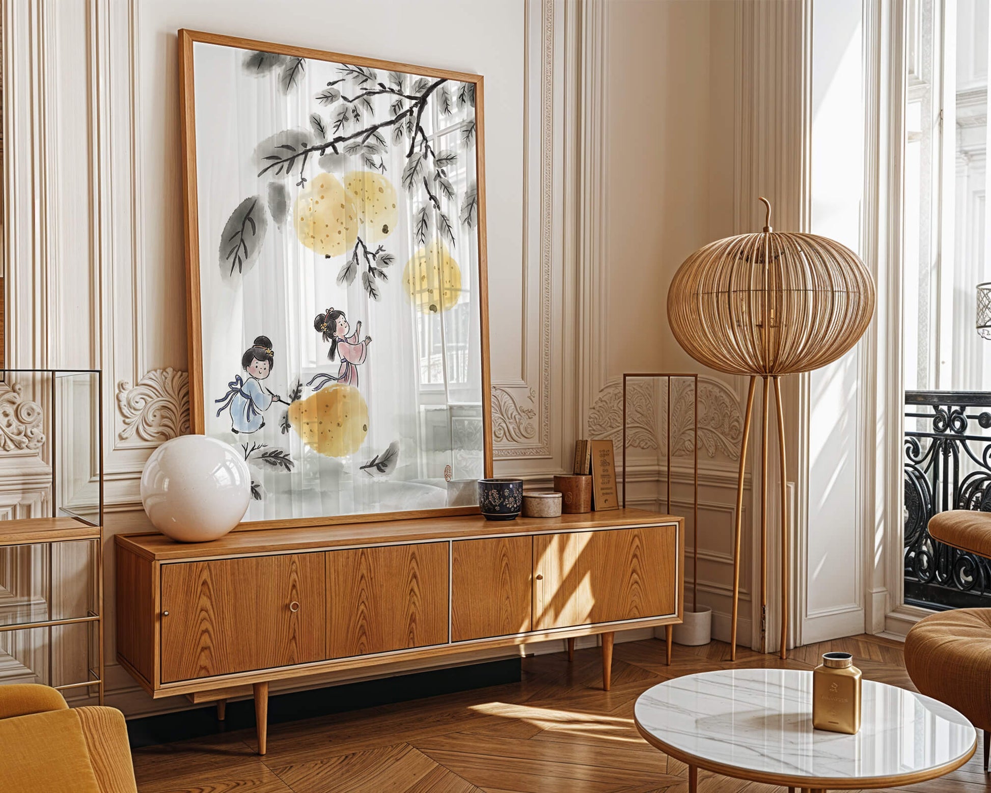 Ilustración encantadora de niños en vestimenta tradicional recolectando peras