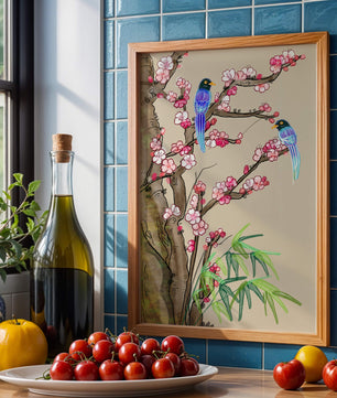 Illustration sereine d’oiseaux sur des branches en fleurs avec des feuilles de bambou