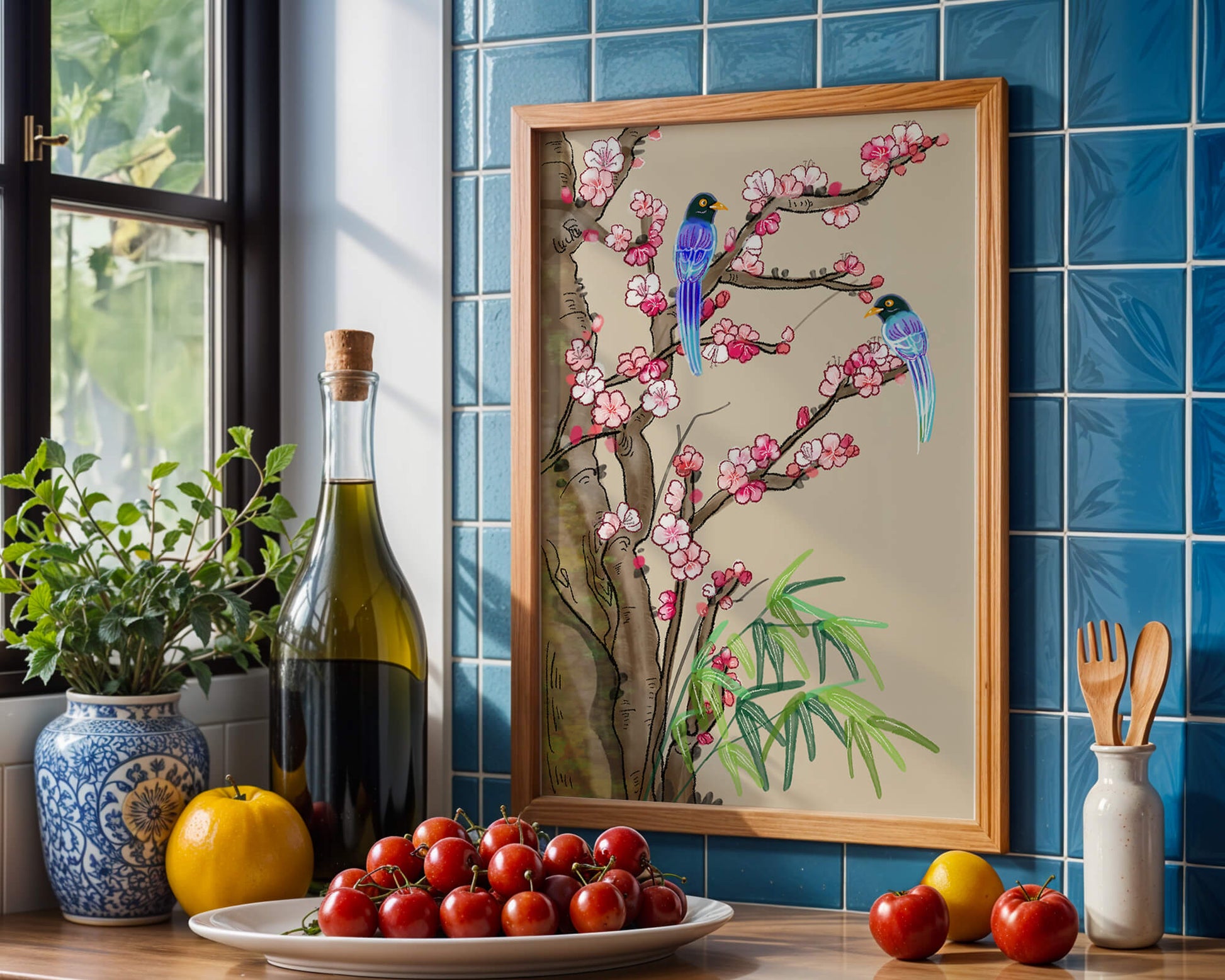 Illustration sereine d’oiseaux sur des branches en fleurs avec des feuilles de bambou