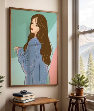 Illustration of woman with long hair and blue jacket