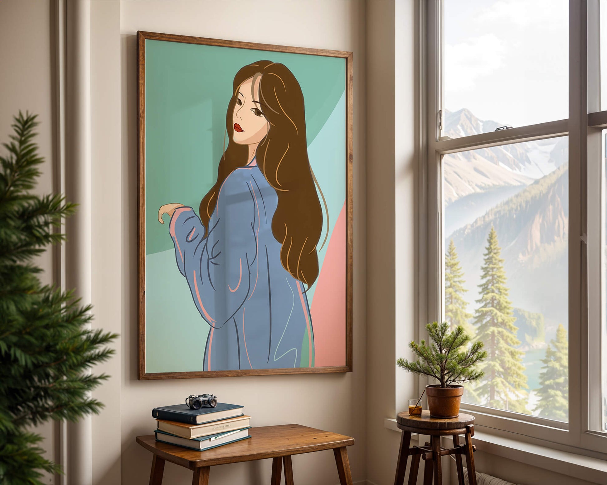 Illustration of woman with long hair and blue jacket