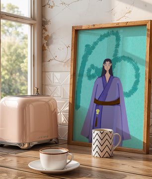 Personaje con atuendo tradicional sobre fondo texturizado